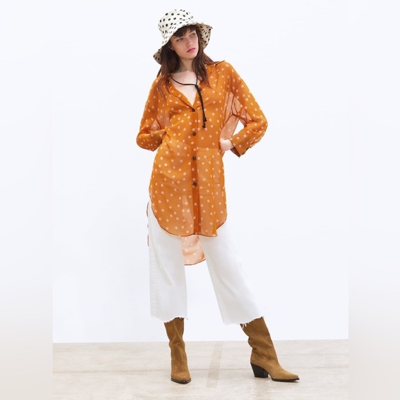 Zara - Polkadot Cream And Orange Button Down Long Chiffon Top Size Medium - Picture 1 of 13